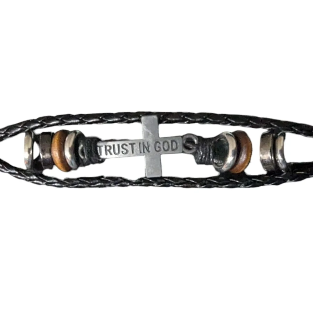 Unisex men womens black Leather handwoven Bracelet Trust in God Inscription a-00